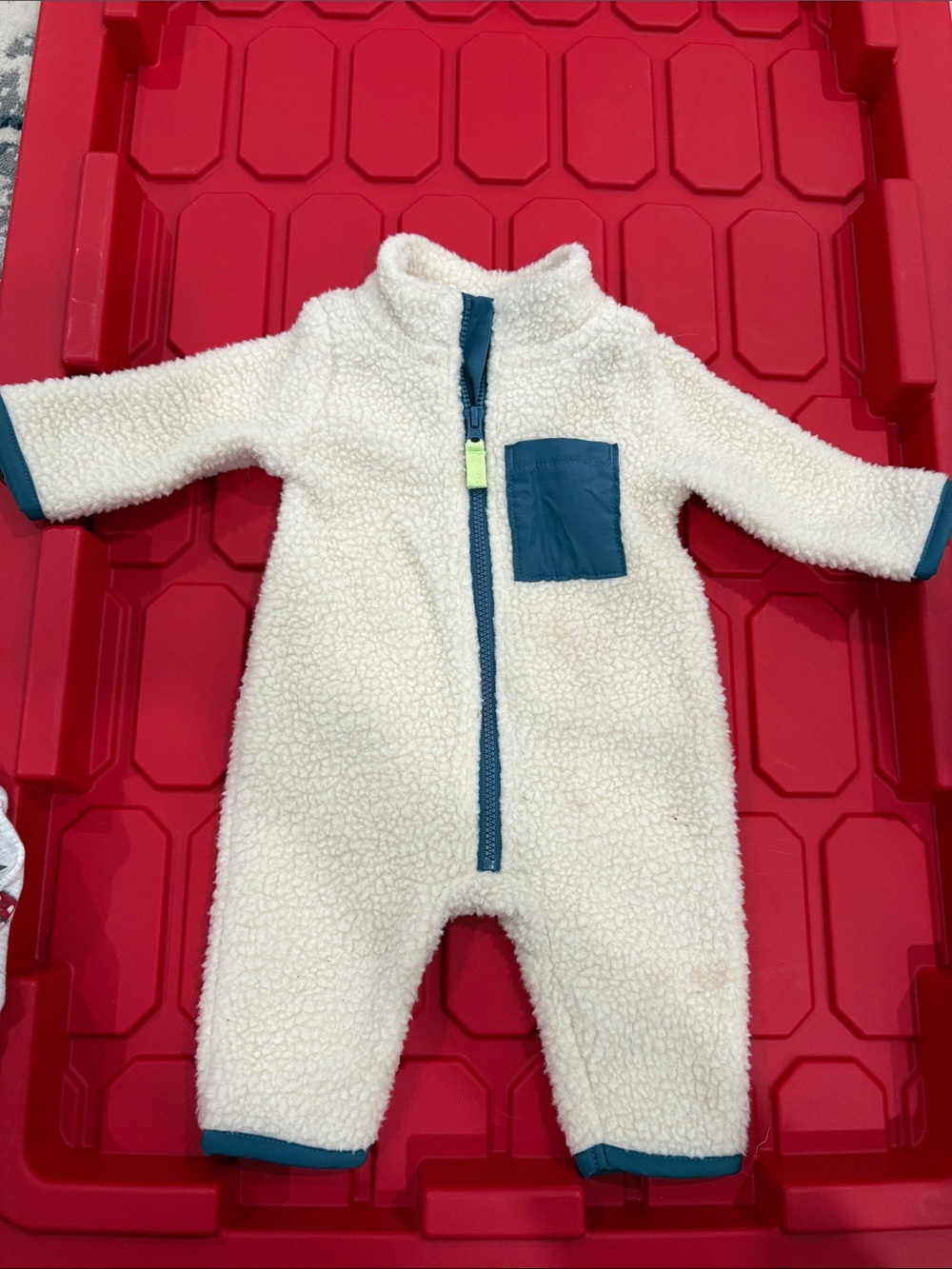 Carters NB Cream Sherpa One-Piece with Teal Trim